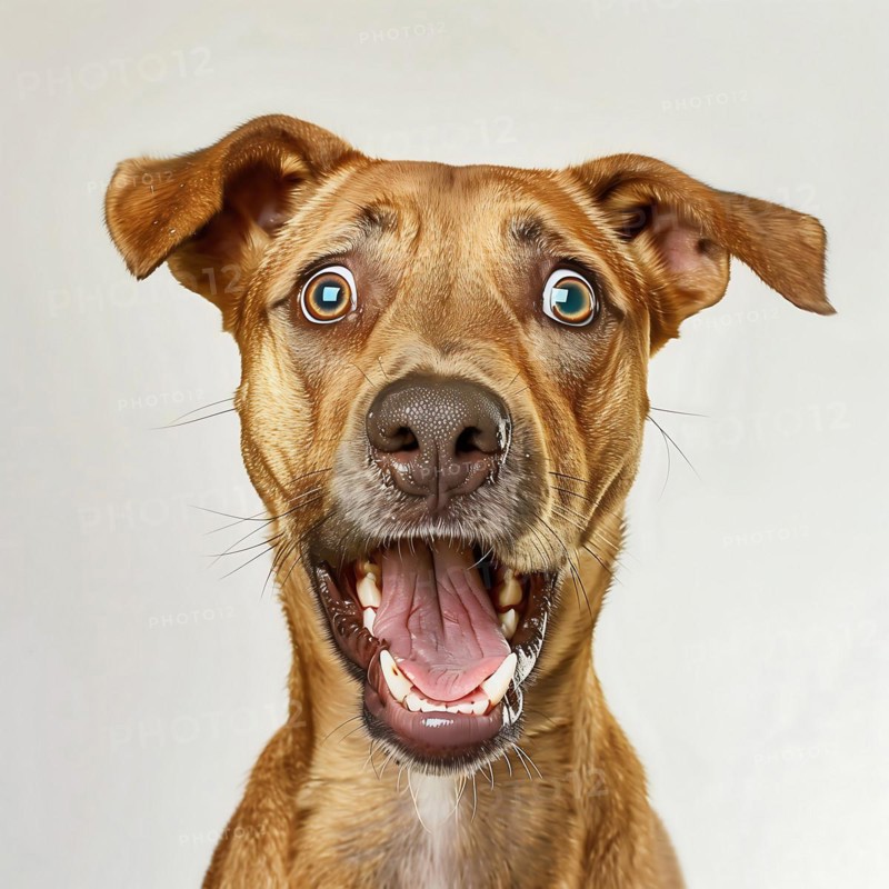 A brown dog with an expression of joyful surprise and shining eyes, surprised, advertising, special offer, AI generated