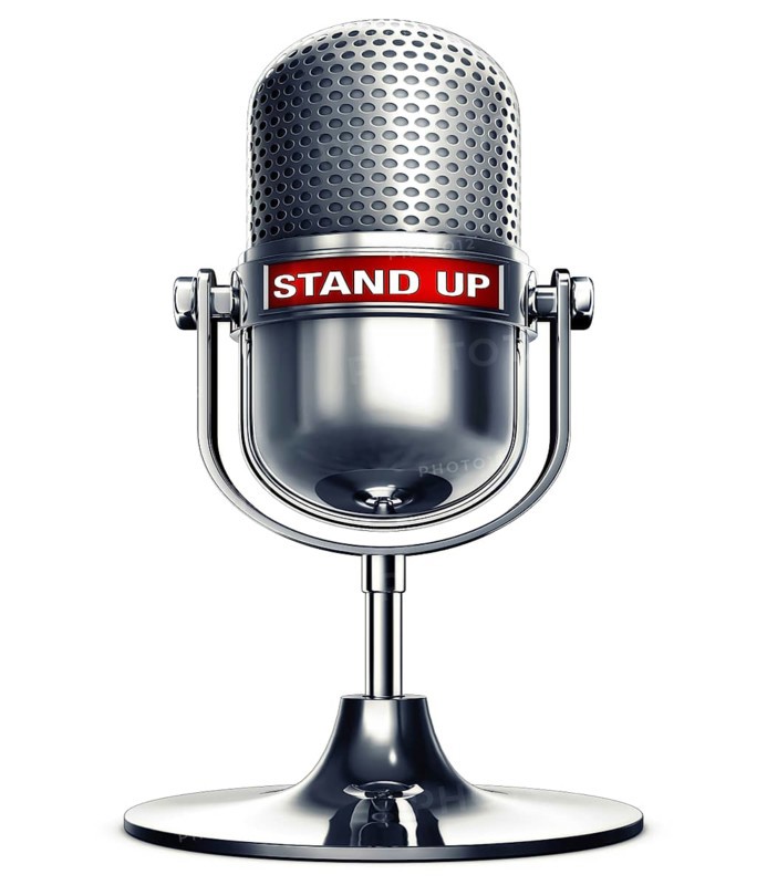 3D rendering of an microphone with the words stand up