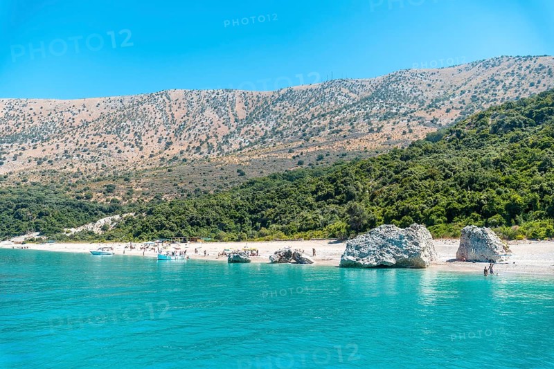 Paradise beach of Kroreza or Krorez seen from the boat on the Albanian riviera in Sarande, Albania, Europe