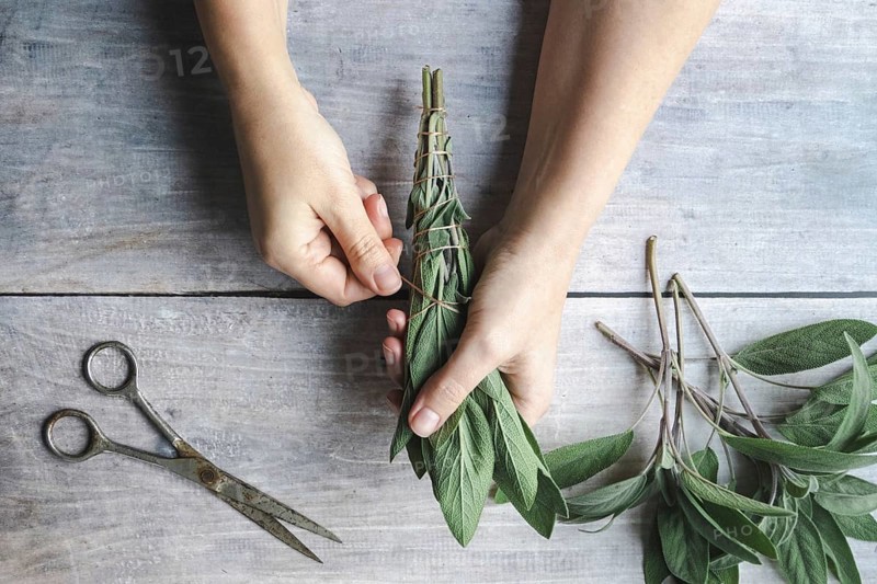 Sage smudge stick making, hands wrap string around sage leaf bundle, natural incense for home and meditation