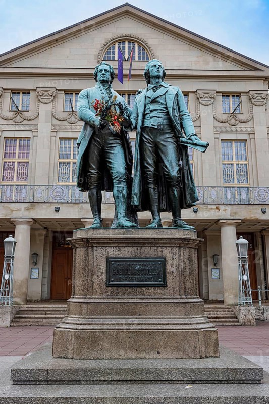 Goethe-Schiller Monument on the Theatre Square in front of the German National Theatre in Weimar, Thuringia, Germany, Europe