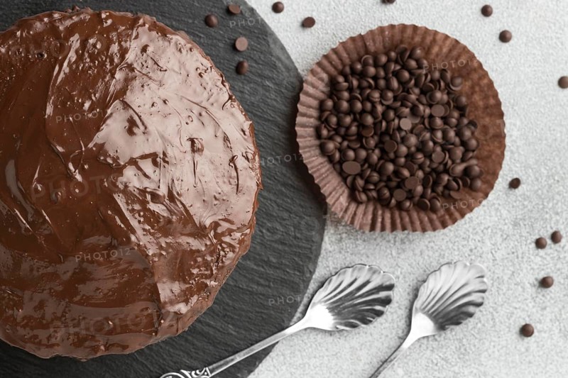 Top view chocolate cake with chocolate chips