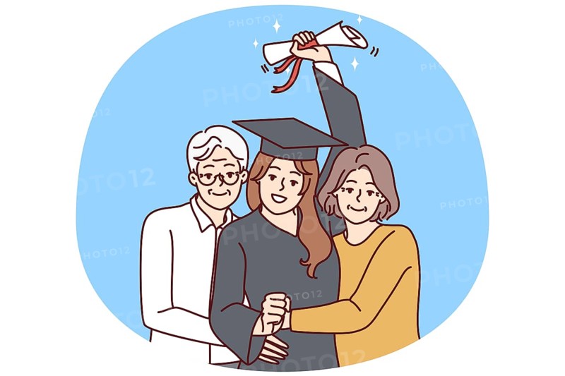 Happy elderly parents hug excited daughter in graduation mantle holding diploma. Smiling mature mom and dad embrace happy girl graduate from university. Vector illustration
