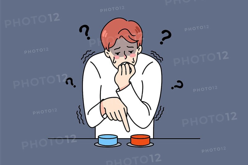 Distressed young man choose button to press feel confused and anxious. Stressed guy make choice between two options. Dilemma and alternative. Decision-making. illustration