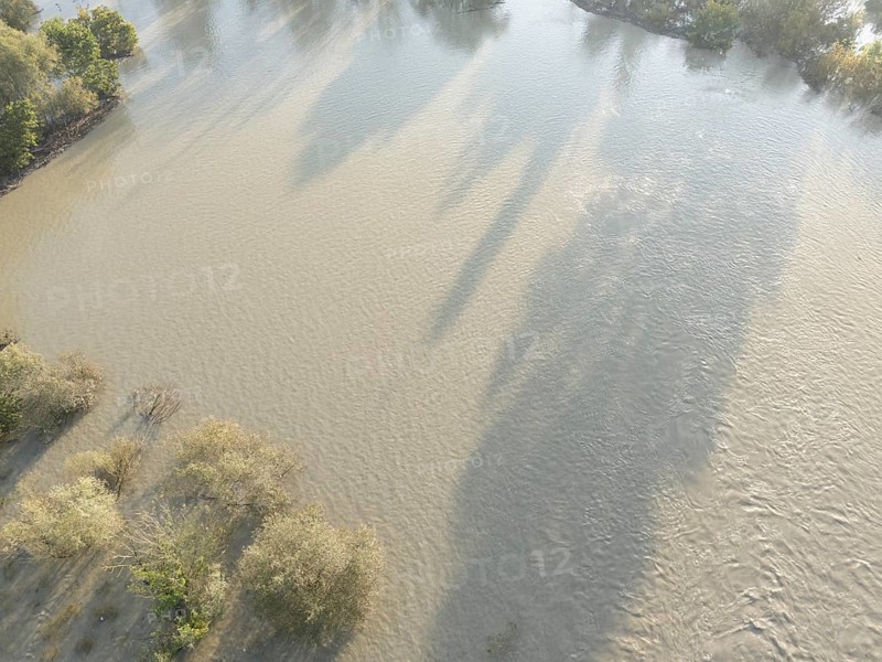 Aerial view of muddy water flowing over the Po riverbanks covering the surrounding land, with a few trees and bushes struggling to survive after heavy fall rainfalls