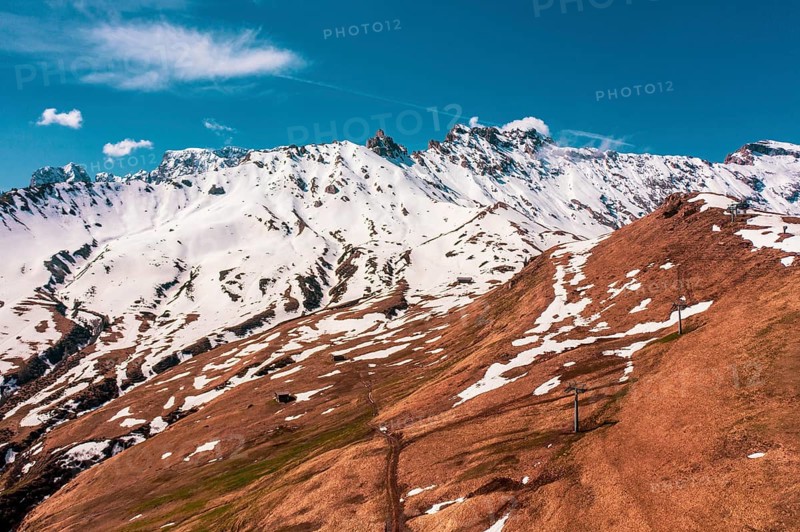 Panoramic view from the Seiser Alm to the Dolomites in Italy, drone shot