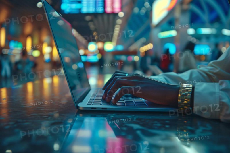 Close-up of hands typing on a laptop keyboard with blue illuminated background, AI generated