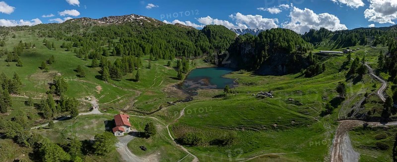 Lago Nero di Cesana, drone shot, Cesana Torinese, Piedmont, Italy, Europe