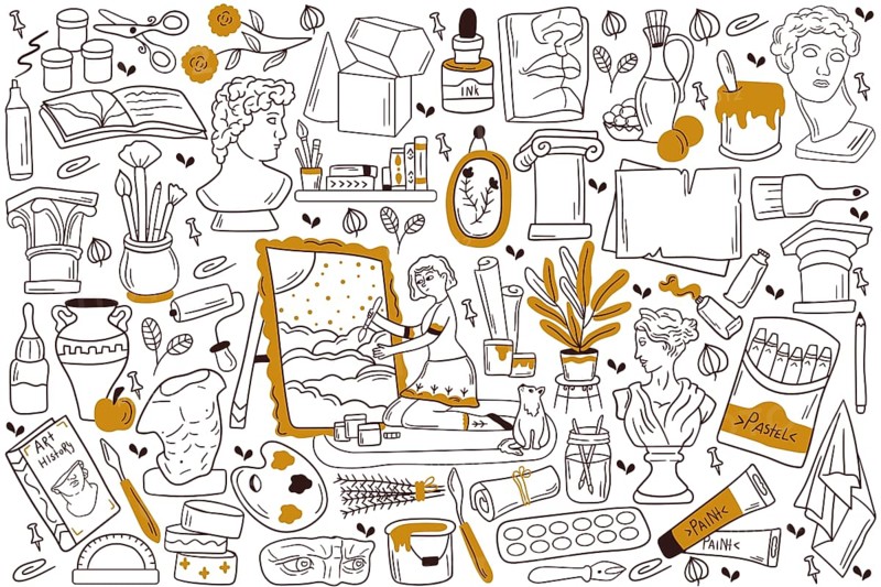 Painting doodle set. Collection of hand drawn sketches templates patterns of woman girl artist painter with easel and paintbrush drawing pictures on canvas. Creative occupation and art illustration