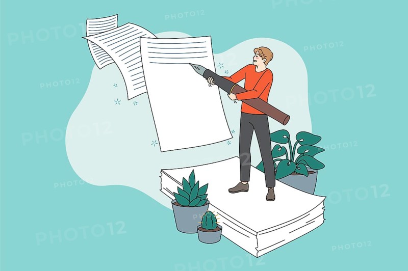 Male writer with huge pen writing on paper finishing fiction book. Man author creating novel, note handwrite on paperwork. Concept of literature creation. illustration