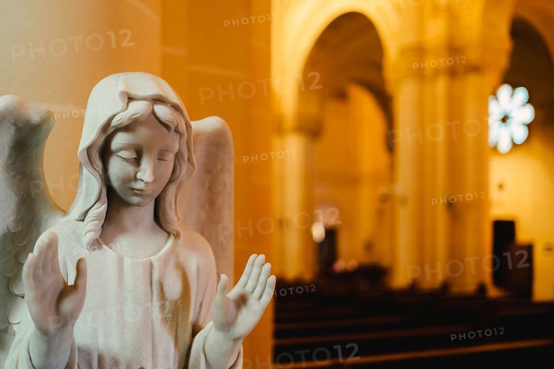 Ta' Pinu Basilica and Shrine, a Catholic church located near the village of Gharb in Malta. View of marble angel statue