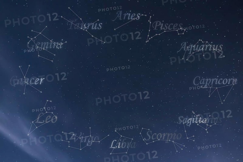 Zodiac constellations Cancer, Pisces, Aquarius, Capricorn, Sagittarius, Scorpio, Libra, Virgo, Leo, Gemini, Taurus, Aries. Galaxy background