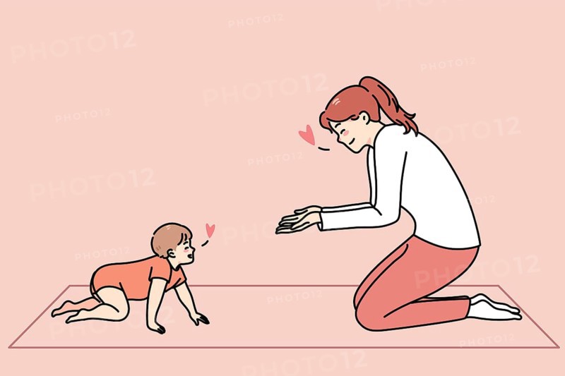 Loving happy young mother play with little toddler crawling at home. Smiling caring mom have fun teach baby infant walking make first steps. Motherhood. illustration