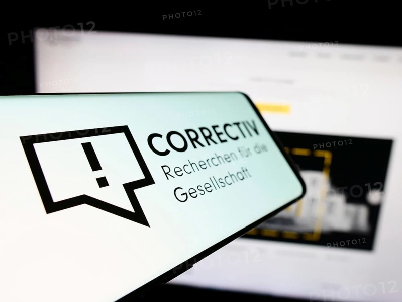 Stuttgart, Germany, 03-05-2024: Cellphone with logo of Correctiv, Recherchen für die Gesellschaft gGmbH in front of website. Focus on centre-left of phone display, Europe