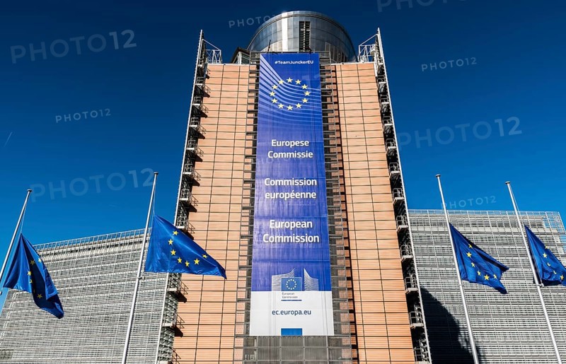 City of Brussels, Belgium, 02 15 2019: Wide angle view of the facade of the Berlaymont building, headquarters of the European commission, Europe