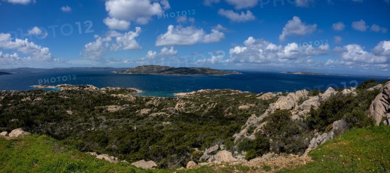 Granite rocks on a hill, bay, island and archipelago of La Maddalena, panoramic view, near Maddalena, Parco Nazionale dell'Arcipelago di la Maddalena, Gallura, Sardinia, Italy, Europe