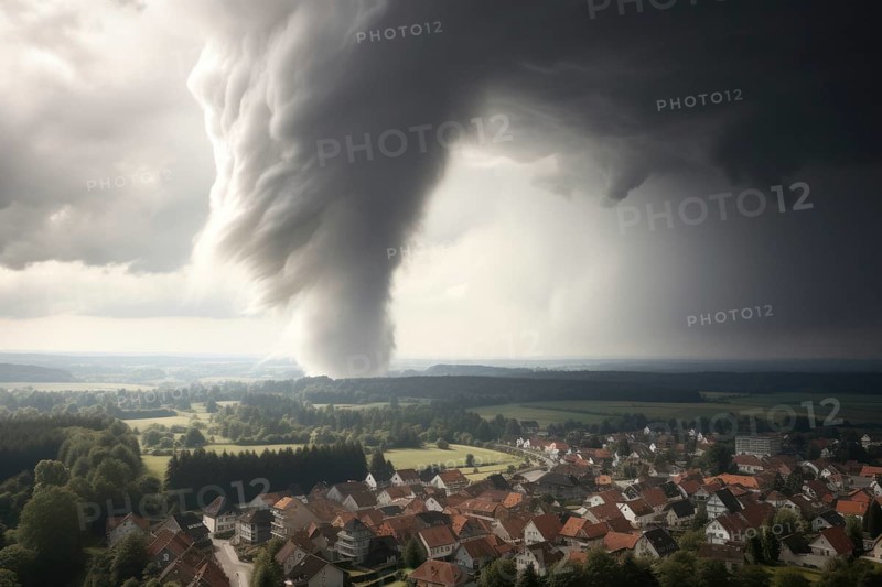 A tornado moves towards a housing estate with great destructive force, tornado, severe weather, climate change, AI generated