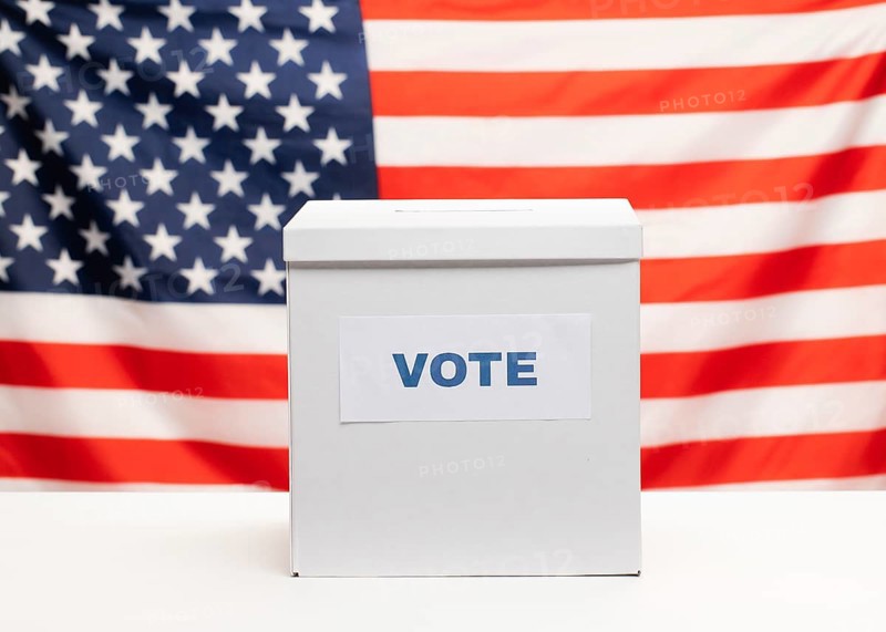 Front view white ballot box american flag
