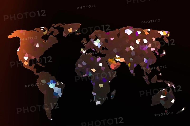 Roughly outlined world map with a colorful background patterns