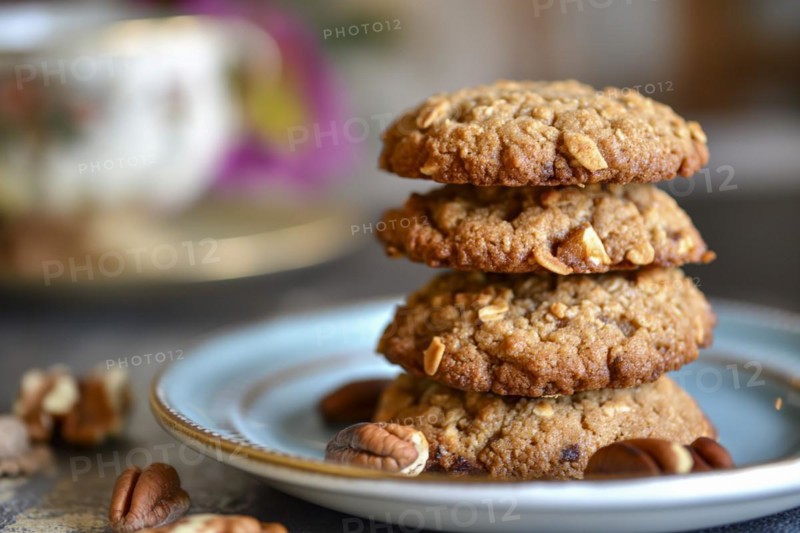 Four stacked biscuits made from bananas, nuts and oatmeal on a plate, AI generated, AI generated