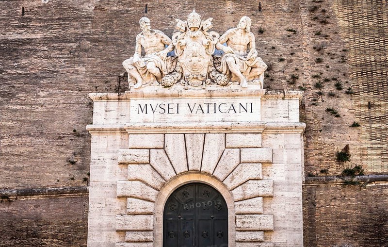 ROME, ITALY - CIRCA SEPTEMBER 2020: the famous Vatican Museum building. Detail of the sign above the main entrance