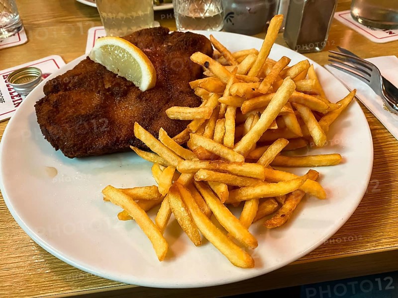 Schnitzel Viennese style with French fries, Hesse, Germany, Europe