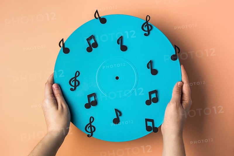 Top view blue vinyl with musical notes