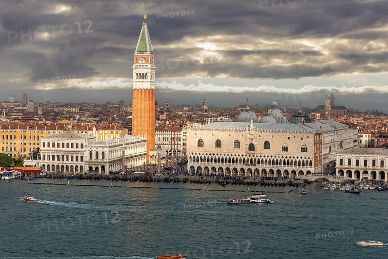 The St. Mark's Square in Venice during Bad Weather and High Tide, view from Campanile di San Giorgio, Italy, Europe
