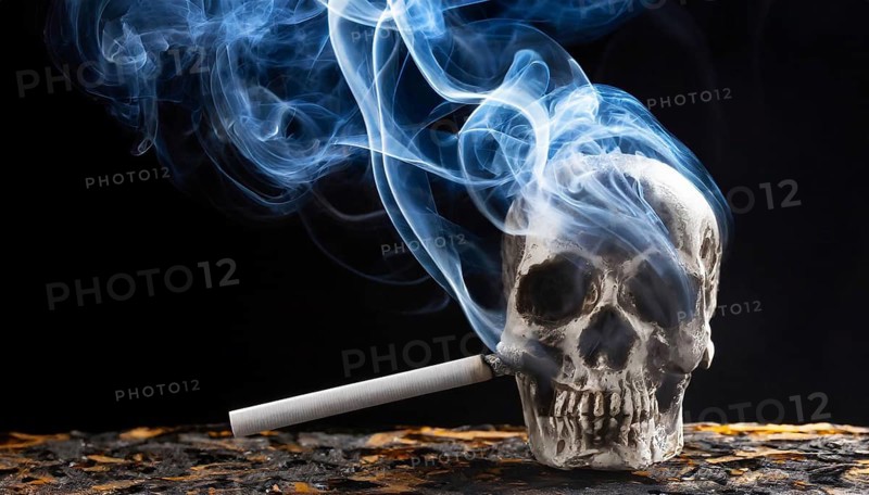 AI generated, A skull and a burning cigarette, Smoking kills