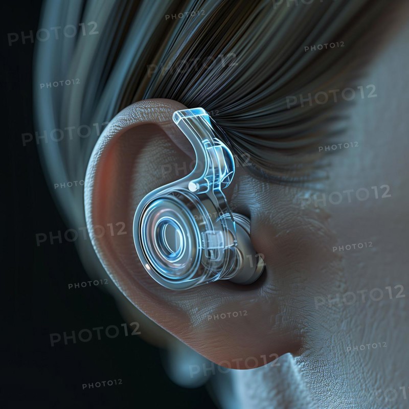 Digital representation of a human ear with a stylised, silver hearing aid, AI generated