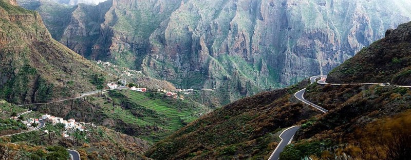 Panoramic panorama view of village of Masca on Tenerife, Mountain road, pass, in rugged volvanic landscape on Tenerife, Canary Islands, Spain, Europe