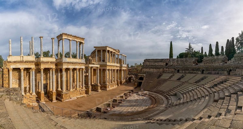 Merida, Spain -- 28 March, 2022: panorama view of the Roman amphitheater in historic Merida