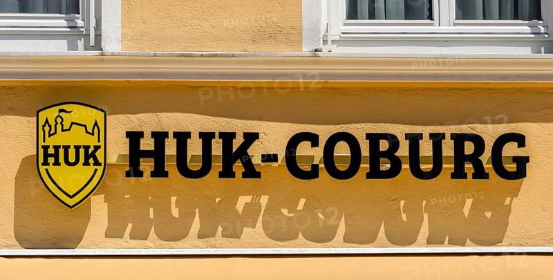 Logo and lettering, HUK-COBURG, Kempten, Allgäu, Bavaria, Germany, Europe