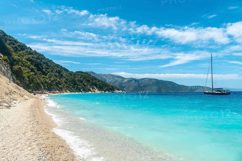 Luxury boats at Gidaki Beach on the island of Ithaki or Ithaca in the Ionian Sea in the Mediterranean Sea of Greece