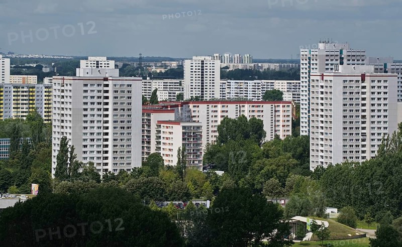 Residential building, in the foreground part of the park Gärten der Welt, Marzahn-Hellersdorf district, Berlin, Germany, Europe