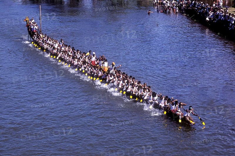 Birds eye view of snake Boat Racing at Payippad near Haripad, Kerala, South India, India, Asia