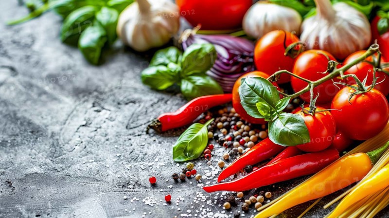 Raw ingredients like tomatoes, basil, garlic, and chili peppers on a rustic gray background, AI generated
