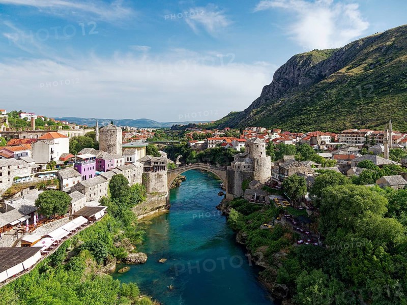 View over the old town centre of Mostar, Montenegro, Europe