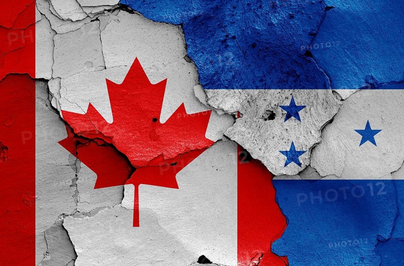 Flags of Canada and Honduras painted on cracked wall