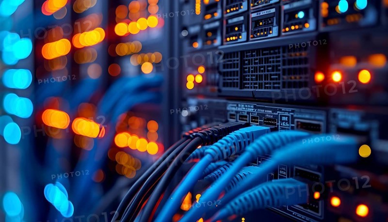 Focused network cables with defocused blue lights in a server room, AI generated