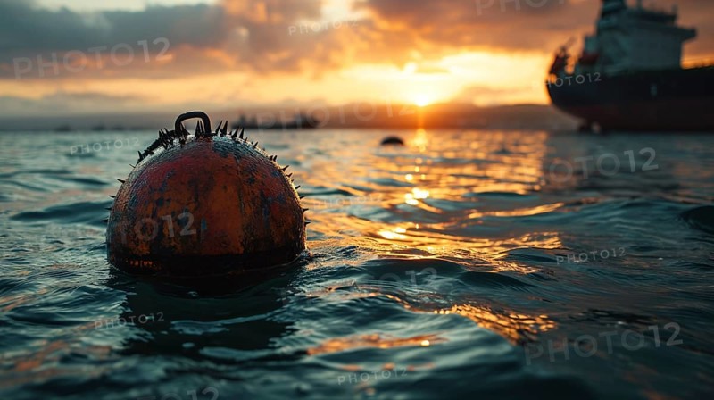 Danger to shipping and shipping routes of cargo ships and warships generated by sea mines in the sea, ki generated, AI generated