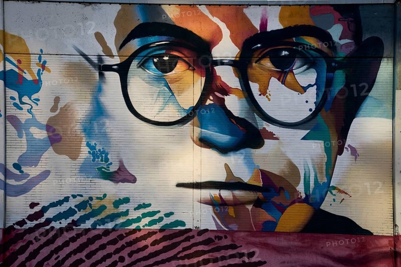 Portrait of Theodor W. Adorno, graffiti, detail from the art cube on the Bockenheim campus: Signal Labsaal, created by the graffiti artists Justus Becker and Oguz Sen, theme migration, façade of the former university canteen, later also used as refugee accommodation, architect Ferdinand Kramer, Bockenheimer Landstrasse, Bockenheim, Frankfurt am Main, Germany, Europe