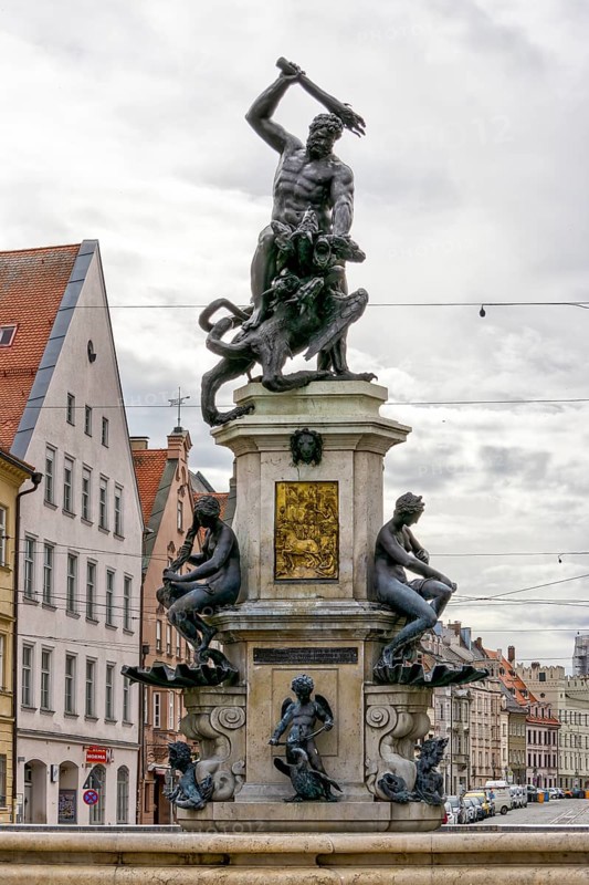 Hercules Fountain in Maximilianstraße in the historic city centre of Augsburg, Augsburg, Swabia, Bavaria, Germany, Europe