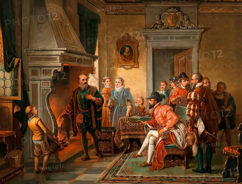 Jakob Fugger burning the debenture bonds of Emperor Charles V at the Fuggers' House, Augsburg, 1535, digitally edited according to a painting by Augusto Tominz