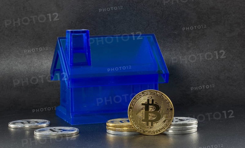 Litecoin and bitcoin for buying a houses with black background with a single litecoin facing the camera in sharp focus with shading on the icon letter B on the face of the bit coin