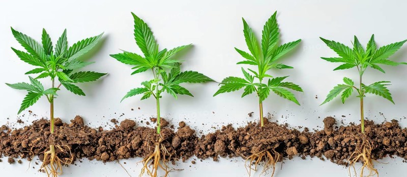 Four small cannabis plants growing in soil on a white background, AI generated