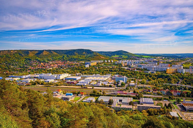 View over Jena Lobeda with the A4 motorway from the Mönchsberg quarry in autumn with veil clouds, Jena, Thuringia, Germany, Europe