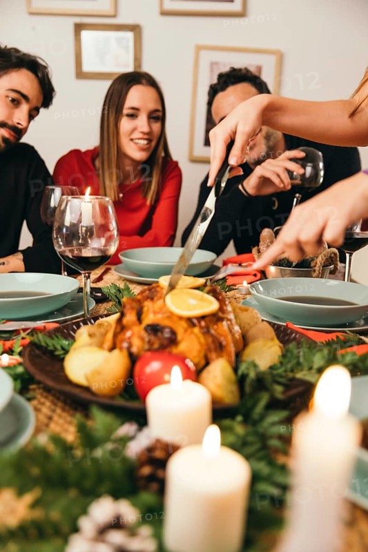 Christmas dinner with friends looking turkey