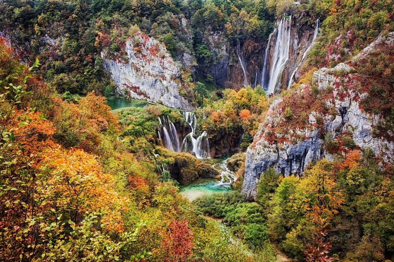 Plitvice Lakes National Park, beautiful autumn landscape with waterfall in Croatia