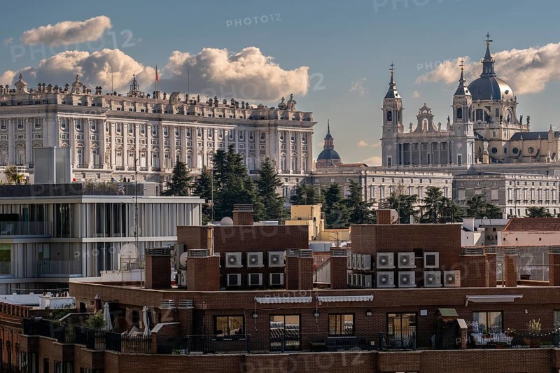 Panoramic of the center of Madrid and in the background the Royal Palace and the Almudena church
